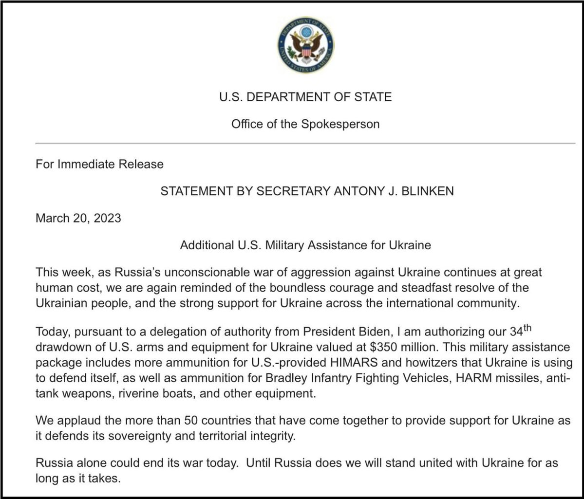 The United States approved a new, $350 million security assistance package for Ukraine.  It includes ammunition for M142 HIMARS/M270 MLRS and howitzers, as well as ammunition for Bradley IFVs, HARM air-to-surface anti-radiation missiles, anti-tank missiles and riverine boats