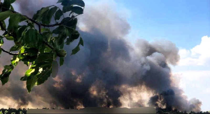 Big fire after bombardment near Malokakhovka of Kherson region