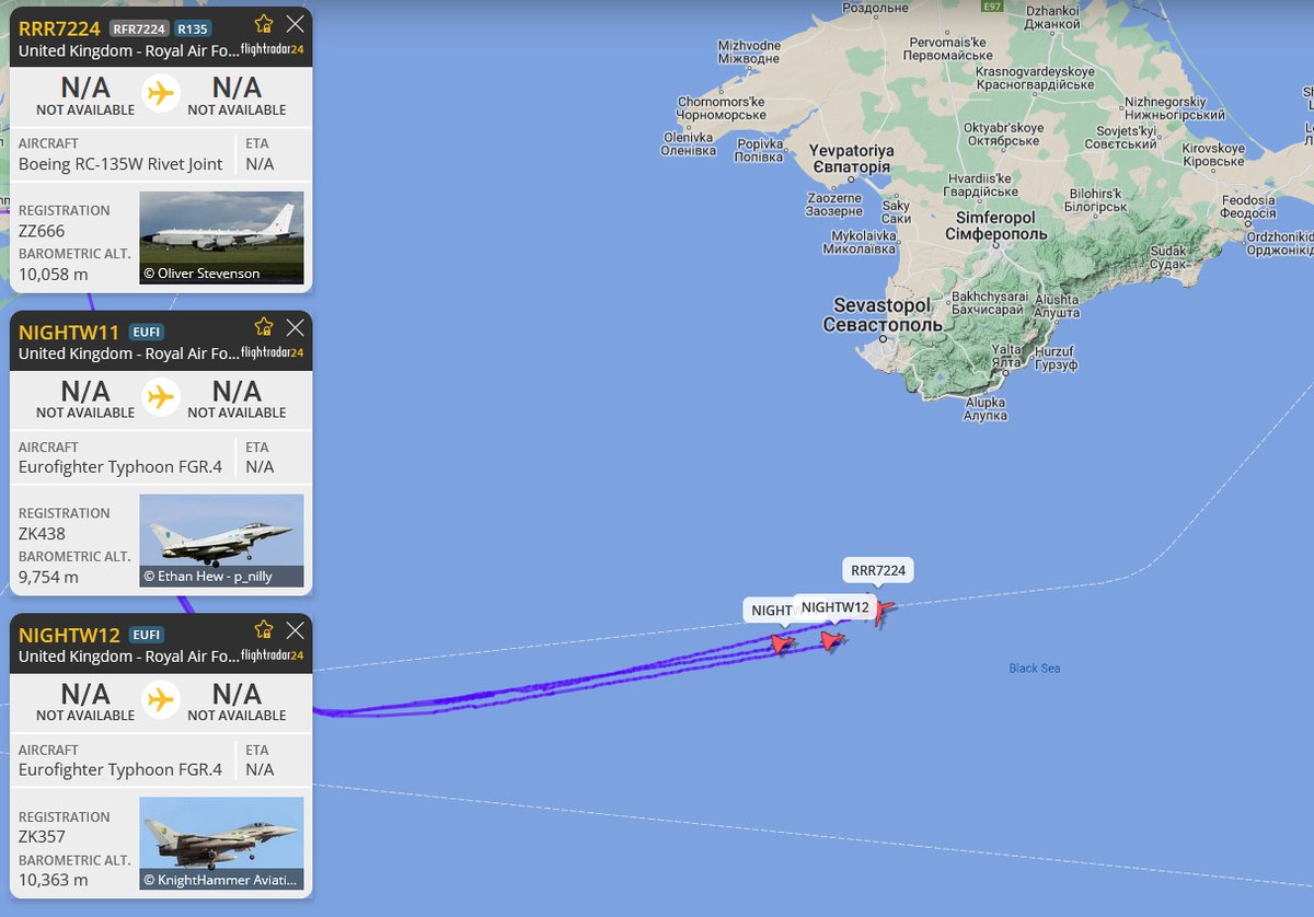 British Boeing RC-135W Rivet Joint and 2 x Eurofighter Typhoon are flying over the Black Sea