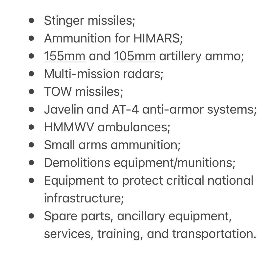 The US announced a new assistance package for Ukraine valued at $125 million. It includes Stinger missiles, ammunition for HIMARS, artillery shells, radars, Javelins, Humvee ambulances, and more