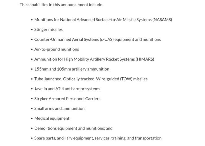 The US announced a new Presidential Drawdown Authority (PDA) package of military assistance to Ukraine, withan estimated value of $425 million