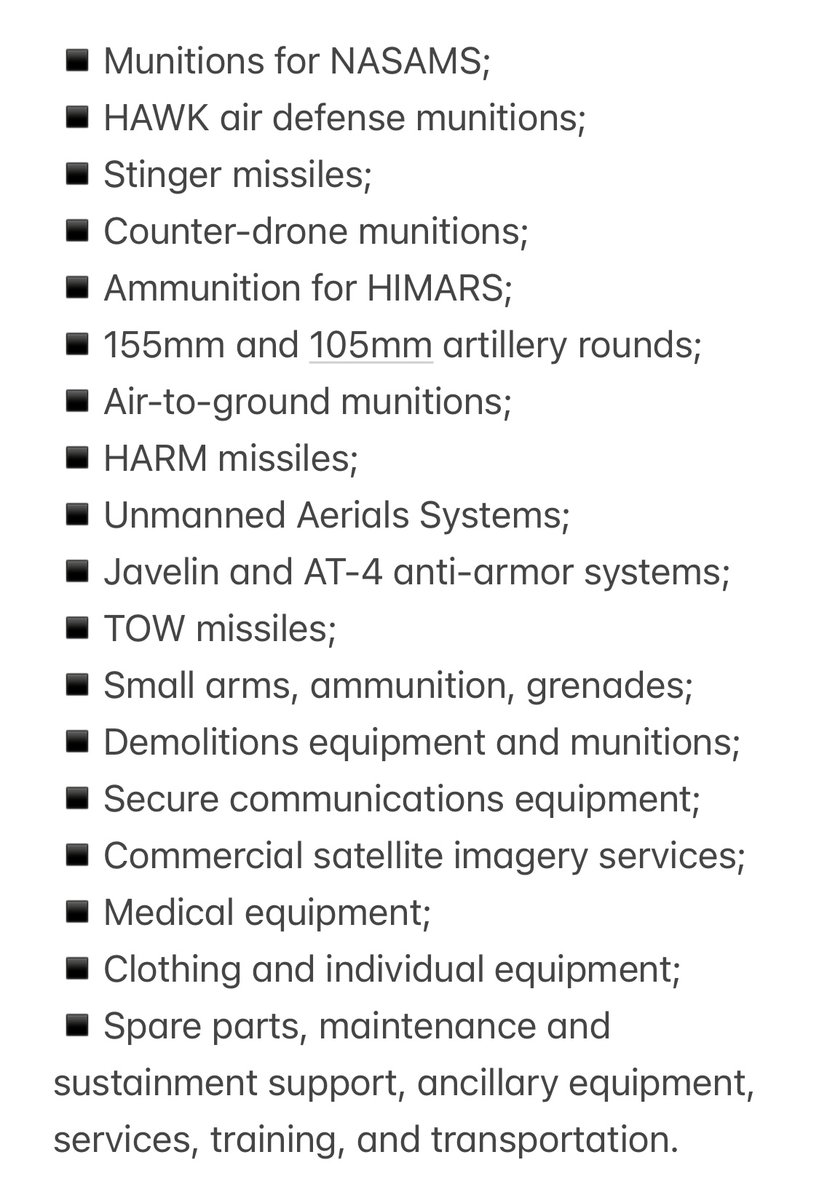 今天早些时候宣布的 25 亿美元乌克兰武器装备清单。防空弹药、HIMARS 和火炮弹药、包括 HARM 在内的空对地弹药等。该装备的一部分是 PDA（12.5 亿美元），另一部分是 USAI（12.2 亿美元）