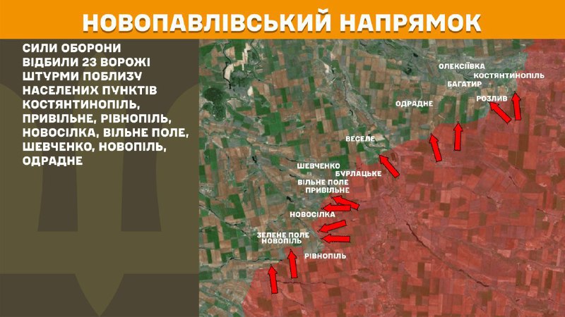 At Novopavlivka axis clashes yesterday near Kostyantynopil, Pryvilne, Rivnopil, Novosilka, Vilne Pole, Shevchenko, Novopil, Odradne, - General Staff of Armed Forces of Ukraine reports