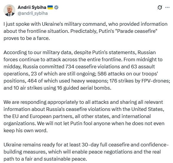 Ukraine's MFA Andrii Sybiha: Putin's Parade ceasefire is a farce. From midnight to midday, Russia violated it 734 times, launched 63 assaults, 176 FPV drone strikes and 16 guided bombs. Ukraine shares evidence with partners. Putin can't be trusted—he breaks even his own word