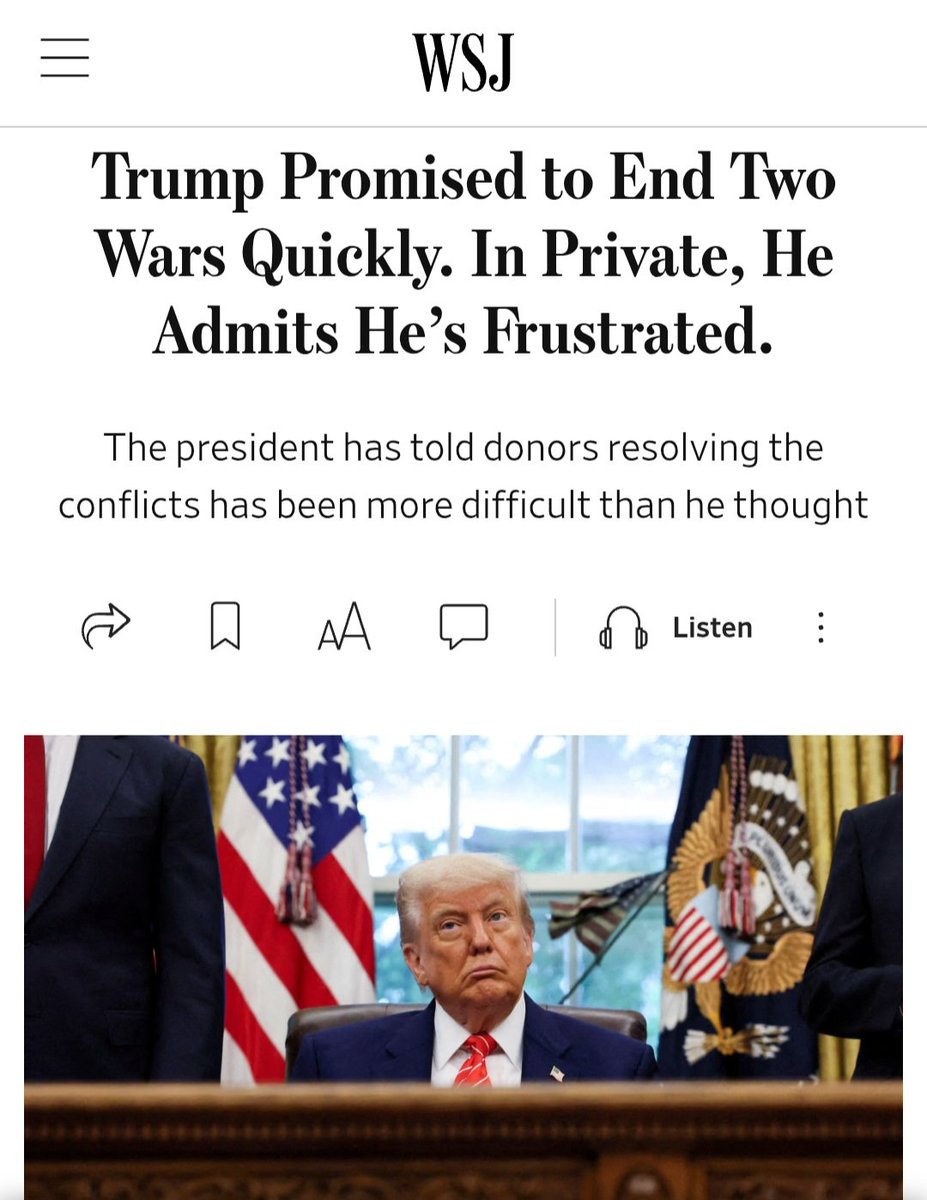 WSJ: Trump told donors he's frustrated by how hard ending Ukraine war has been, even losing sleep over it. He asked if Putin has changed, surprised by strikes on areas with kids. Putin, he says, has been tough in talks and wants “everything.”