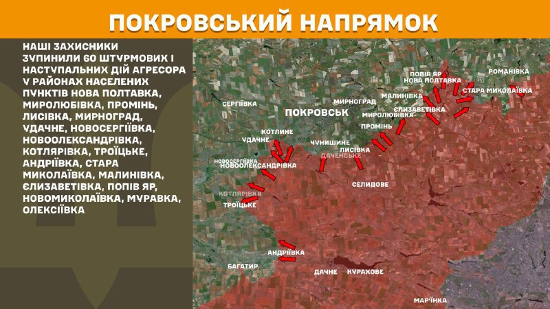 At Pokrovsk axis clashes yesterday near Nova Poltavka, Myrolubivka, Promin, Lysivka, Myrnohrad, Udachne, Novoserhiyivka, Novooleksandrivka, Kotlyarivka, Troyitske, Andriyivka, Stara Mykolayivka, Malynivka, Yelyzavetivka, Popiv Yar, Novomykolayivka, Muravka, Oleksiyivka, - General Staff of Armed Forces of Ukraine reports