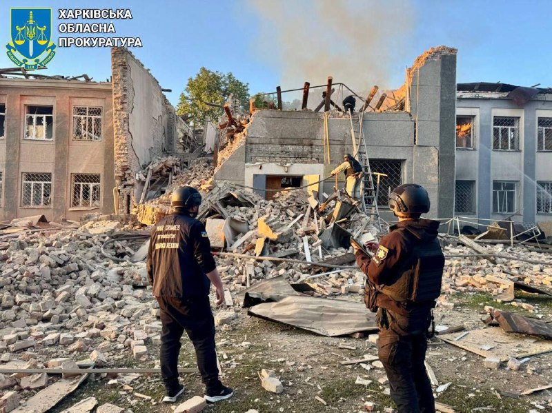 District court building was destroyed as result of Shahed-type drones strikes in Velykyi Burluk town of Kharkiv region