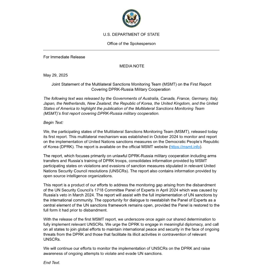 U.S, Australia, Canada, France, Germany, Italy, Japan, Netherlands, New Zealand, and ROK issue a Joint Statement on the publication of Multilateral Sanctions Monitoring Team’s first Report Covering DPRK-Russia Military Cooperation 