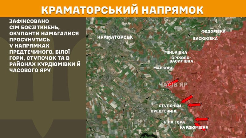 At Kramatorsk axis clashes yesterday near  Predtechyne, Bila Hora, Stupochky and near Kurdumivka and Chasiv Yar, - General Staff of Armed Forces of Ukraine reports