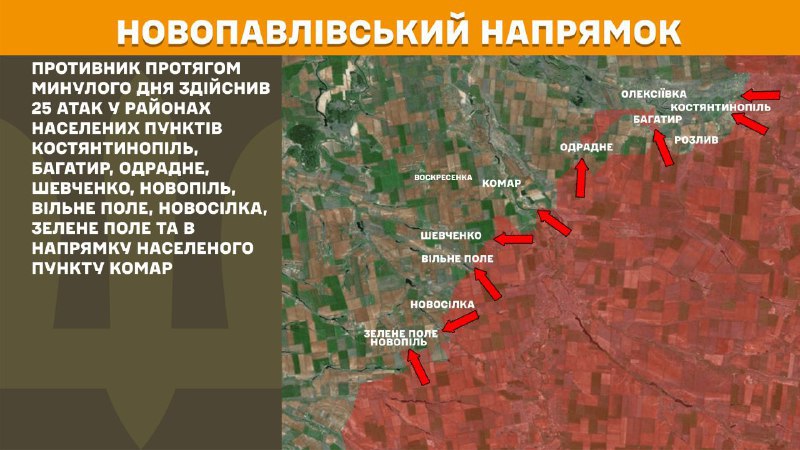 At Novopavlivka axis clashes yesterday near Kostyantynopil, Bahatyr, Odradne, Shevchenko, Novopil, Vilne Pole, Novosilka, Zelene Pole and towards Komar, - General Staff of Armed Forces of Ukraine reports