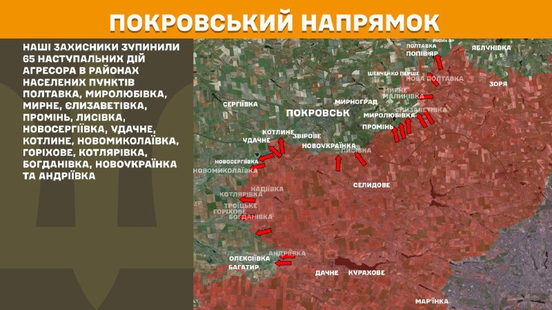 At Pokrovsk axis clashes yesterday near  Poltavka, Myrolubivka, Myrne, Yelyzavetivka, Promin, Lysivka, Novoserhiyivka, Udachne, Kotlyne, Novomykolayivka, Horikhove, Kotlyarivka, Bohdanivka, Novoukrayinka and Andriyivka, - General Staff of Armed Forces of Ukraine reports