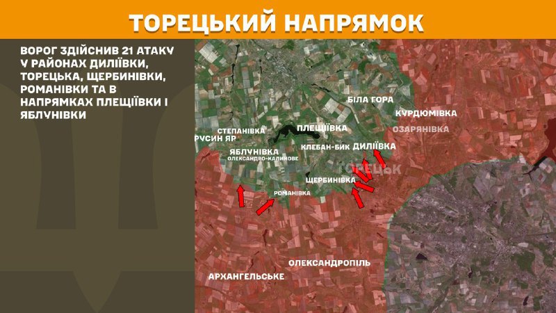 At Toretsk axis clashes yesterday near Dyliyivka, Toretsk, Scherbynivka, Romanivka and towards Pleschiyivka and Yablunivka, - General Staff of Armed Forces of Ukraine reports