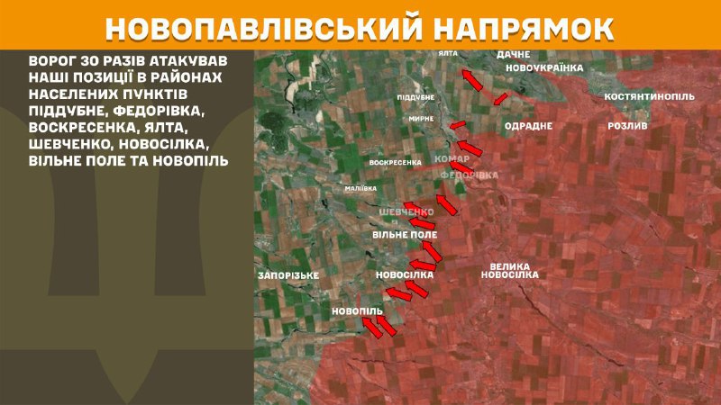 At Novopavlivka direction clashes yesterday near Piddubne, Fedorivka, Voskresenka, Yalta, Shevchenko, Novosilka, Vilne Pole and Novopil, - General Staff of Armed Forces of Ukraine reports