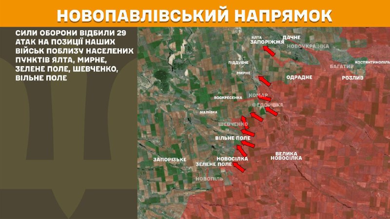 At Novopavlivka direction clashes yesterday near Yalta, Myrne, Zelene Pole, Shevchenko, Vilne Pole, - General Staff of Armed Forces of Ukraine reports