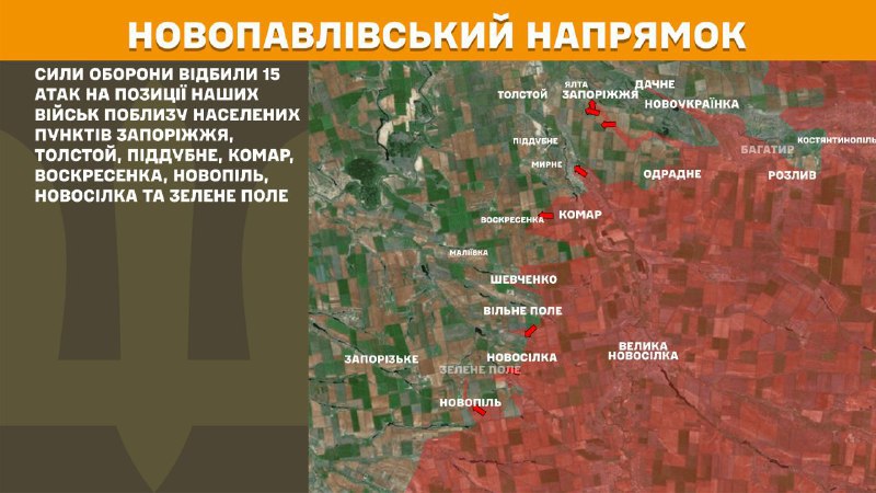At Novopavlivka direction clashes yesterday near Zaporizhzhya, Tolstoy, Piddubne, Komar, Voskresenka, Novopil, Novosilka and Zelene Pole, - General Staff of Armed Forces of Ukraine reports