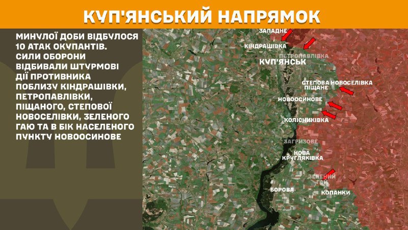 At Kupyansk direction clashes yesterday near Kindrashivka, Petropavlivka, Pischane, Stepova Novoselivka, Zelenyi Hai and towards Novoosynove, - General Staff of Armed Forces of Ukraine reports