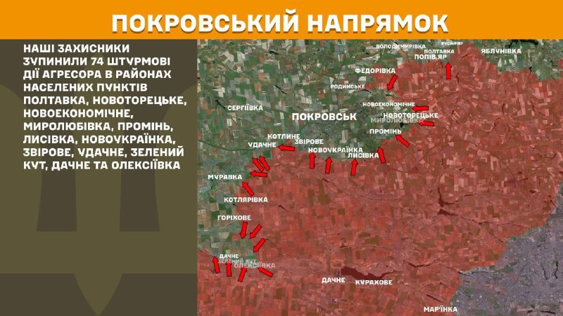 At Pokrovsk direction clashes yesterday near Poltavka, Novotoretske, Novoekonomichne, Myrolubivka, Promin, Lysivka, Novoukrayinka, Zvirove, Udachne, Zelenyy Kut, Dachne and Oleksiyivka, - General Staff of Armed Forces of Ukraine reports