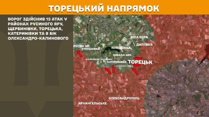 At Toretsk direction clashes yesterday near Rusyn Yar, Scherbynivka, Toretsk, Katerynivka and towards Oleksandro-Kalynove, - General Staff of Armed Forces of Ukraine reports