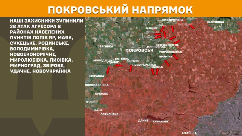At Pokrovsk direction clashes yesterday near Popiv Yar, Mayak, Sukhetske, Rodynske, Volodymyrivka, Novoekonomichne, Myrolubivka, Lysivka, Myrnohrad, Zvirove, Udachne, Novoukrayinka, - General Staff of Armed Forces of Ukraine reports