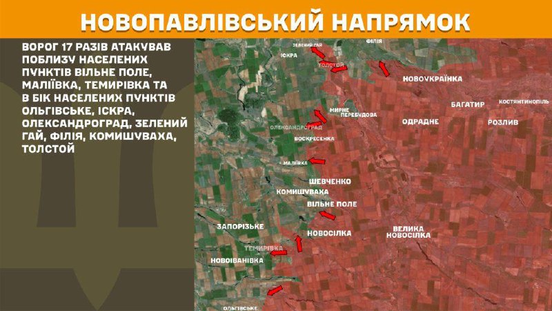At Novopavlivka direction clashes yesterday near Vilne Pole, Maliyivka, Temyrivka and towards towns Olhivske, Iskra, Oleksandrohrad, Zelenyy Hay, Filiya, Komyshuvakha, Tolstoy, - General Staff of Armed Forces of Ukraine reports