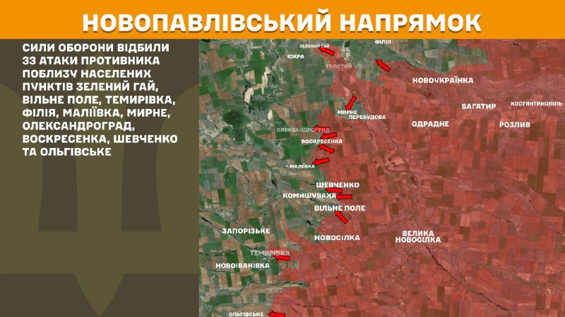 At Novopavlivka direction clashes yesterday near Zelenyy Hay, Vilne Pole, Temyrivka, Filiya, Maliyivka, Myrne, Oleksandrohrad, Voskresenka, Shevchenko and Olhivske, - General Staff of Armed Forces of Ukraine reports