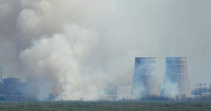 Grass is on fire near Zaporizhzhia Nuclear Power plant, smoke is rising