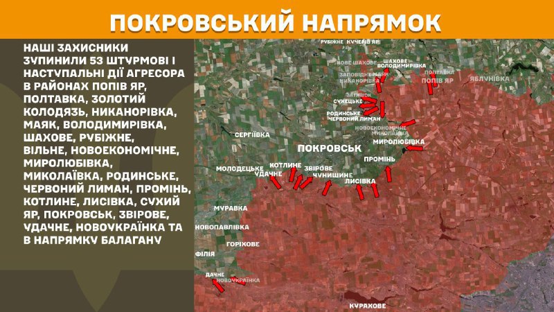 At Pokrovsk direction clashes yesterday near Popiv Yar, Poltavka, Zolotyy Kolodyaz, Nykanorivka, Mayak, Volodymyrivka, Shakhove, Rubizhne, Vilne, Novoekonomichne, Myrolubivka, Mykolayivka, Rodynske, Chervonyy Lyman, Promin, Kotlyne, Lysivka, Sukhyy Yar, Pokrovsk, Zvirove, Udachne, Novoukrayinka and towards Balahan, - General Staff of Armed Forces of Ukraine reports
