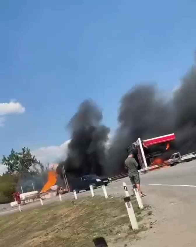 Gas station caught fire in Yenakieve after suspected drone strike
