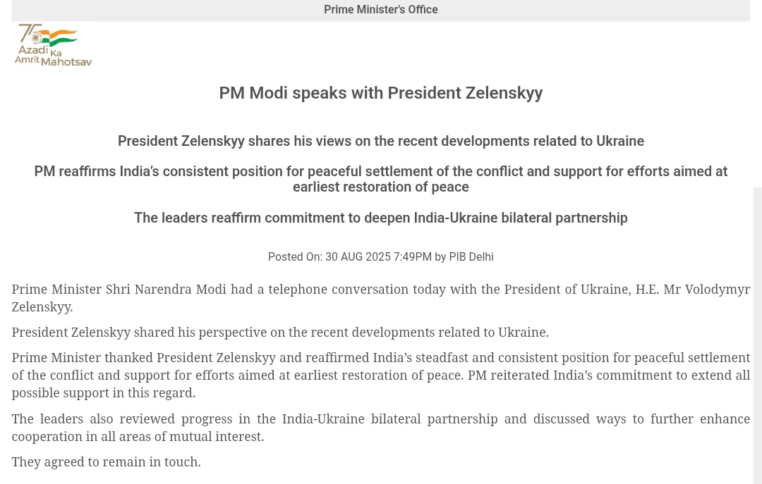 Indian PM Modi speaks with Ukraine President Zelenskyy