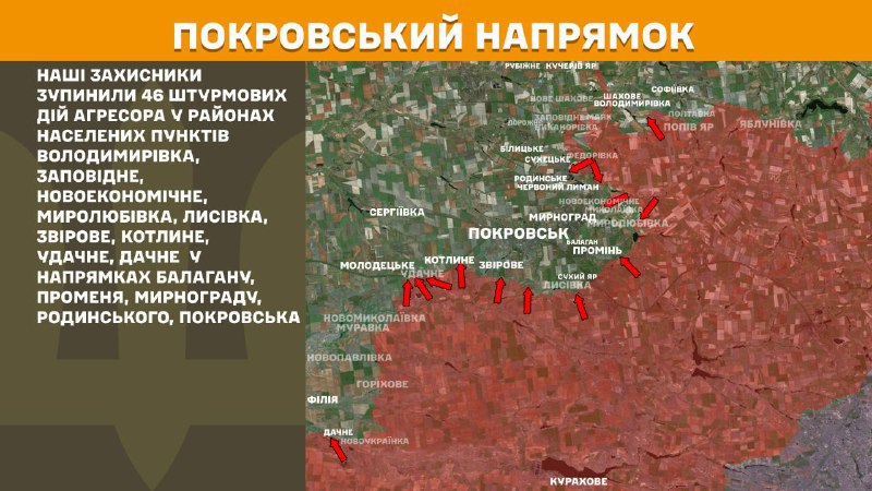 At Pokrovsk direction clashes yesterday near Volodymyrivka, Zapovidne, Novoekonomichne, Myrolubivka, Lysivka, Zvirove, Kotlyne, Udachne, Dachne, towards Balahan, Promin, Myrnohrad, Rodynske, Pokrovsk, - General Staff of Armed Forces of Ukraine reports