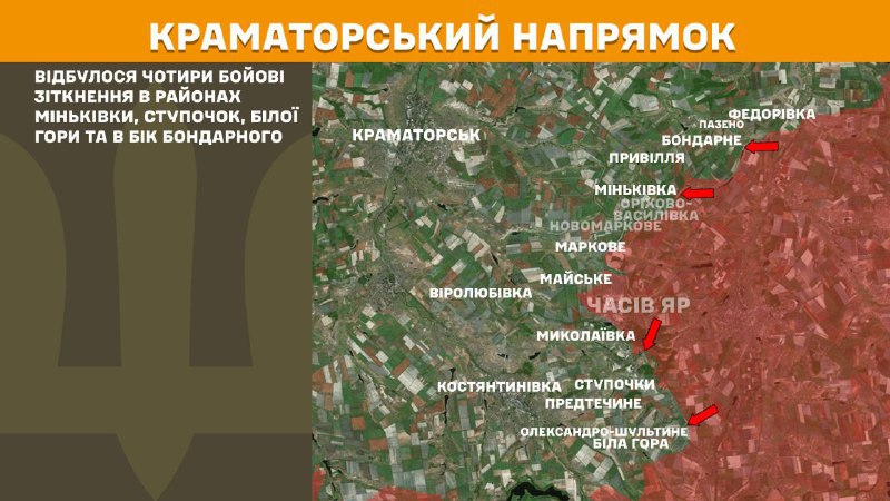 At Kramatorsk direction clashes yesterday near  Minkivka, Stupochky, Bila Hora and towards Bondarne, - General Staff of Armed Forces of Ukraine reports