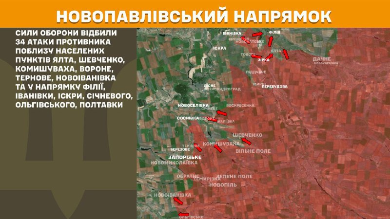 At Novopavlivka direction clashes yesterday near Yalta, Shevchenko, Komyshuvakha, Vorone, Ternove, Novoivanivka and towards Filiya, Ivanivka, Iskra, Sichneve, Olhivske, Poltavka, - General Staff of Armed Forces of Ukraine reports
