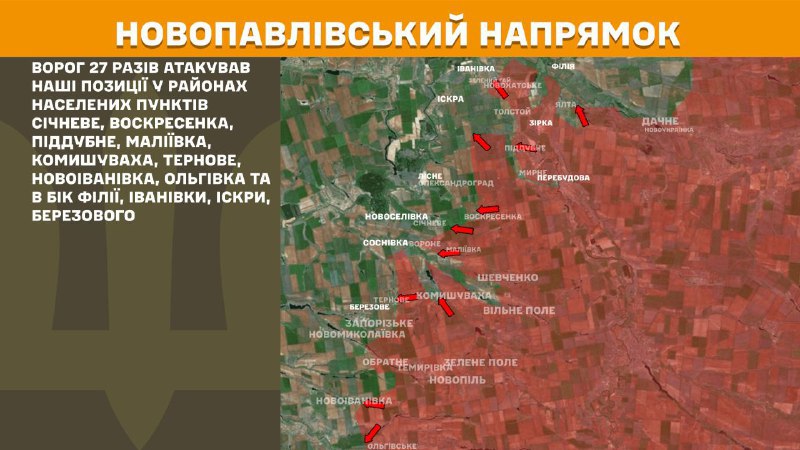 At Novopavlivka direction clashes yesterday near Sichneve, Voskresenka, Piddubne, Maliyivka, Komyshuvakha, Ternove, Novoivanivka, Olhivka and towards Filiya, Ivanivka, Iskra, Berezove, - General Staff of Armed Forces of Ukraine reports