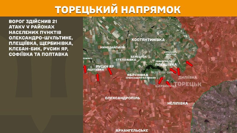 At Toretsk direction clashes yesterday near Oleksandro-Shultyne, Pleschiyivka, Scherbynivka, Kleban-Byk, Rusyn Yar, Sofiyivka and Poltavka, - General Staff of Armed Forces of Ukraine reports