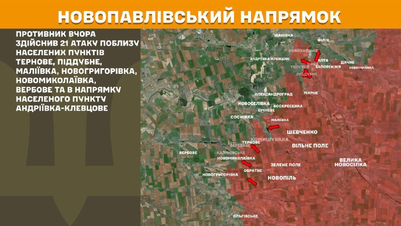 At Novopavlivka direction clashes yesterday near Ternove, Piddubne, Maliyivka, Novohryhorivka, Novomykolayivka, Verbove and towards Andriyivka-Klevtsove, - General Staff of Armed Forces of Ukraine reports