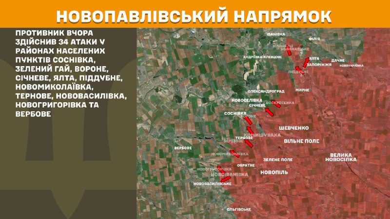 At Novopavlivka direction clashes yesterday near Sosnivka, Zelenyy Hay, Vorone, Sichneve, Yalta, Piddubne, Novomykolayivka, Ternove, Novovasylivka, Novohryhorivka and Verbove, - General Staff of Armed Forces of Ukraine reports