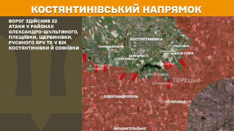 At Kostiantynivka direction clashes yesterday near Oleksandro-Shultyne, Pleschiyivka, Scherbynivka, Rusyn Yar and towards Kostyantynivka and Sofiyivka, - General Staff of Armed Forces of Ukraine reports