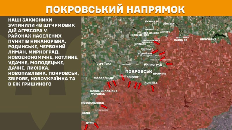 At Pokrovsk direction clashes yesterday near Nykanorivka, Rodynske, Chervonyy Lyman, Myrnohrad, Novoekonomichne, Kotlyne, Udachne, Molodetske, Dachne, Lysivka, Novopavlivka, Pokrovsk, Zvirove, Novoukrayinka and towards Hryshyne, - General Staff of Armed Forces of Ukraine reports