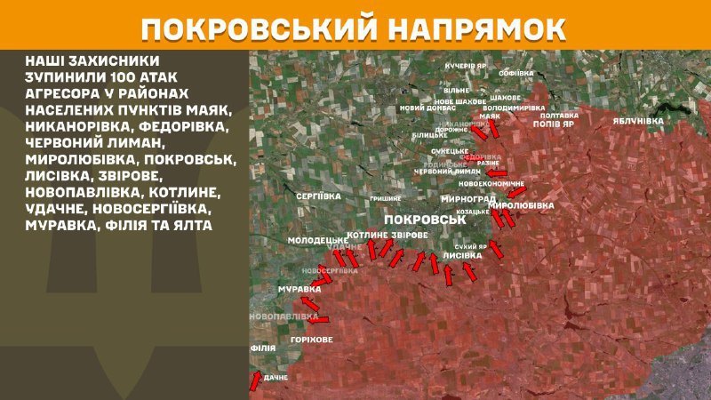 At Pokrovsk direction clashes yesterday near Mayak, Nykanorivka, Fedorivka, Chervonyy Lyman, Myrolubivka, Pokrovsk, Lysivka, Zvirove, Novopavlivka, Kotlyne, Udachne, Novoserhiyivka, Muravka, Filiya and Yalta, - General Staff of Armed Forces of Ukraine reports