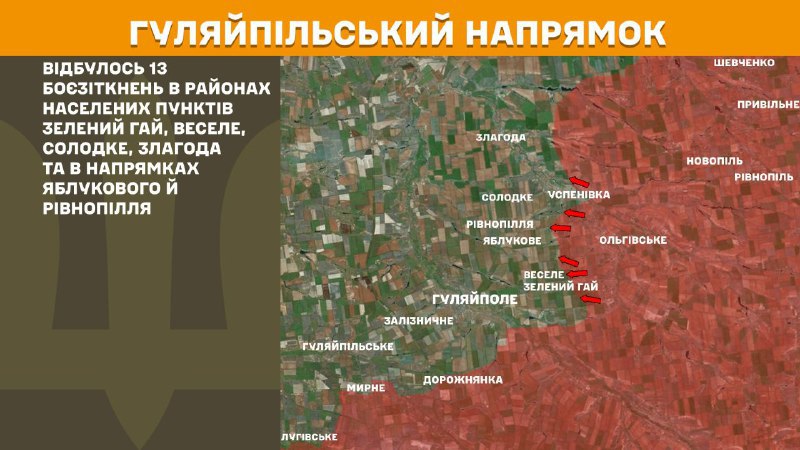 At Huliaipole direction clashes yesterday near Zelenyy Hay, Vesele, Solodke, Zlahoda and towards Yablukove and Rivnopillya, - General Staff of Armed Forces of Ukraine reports