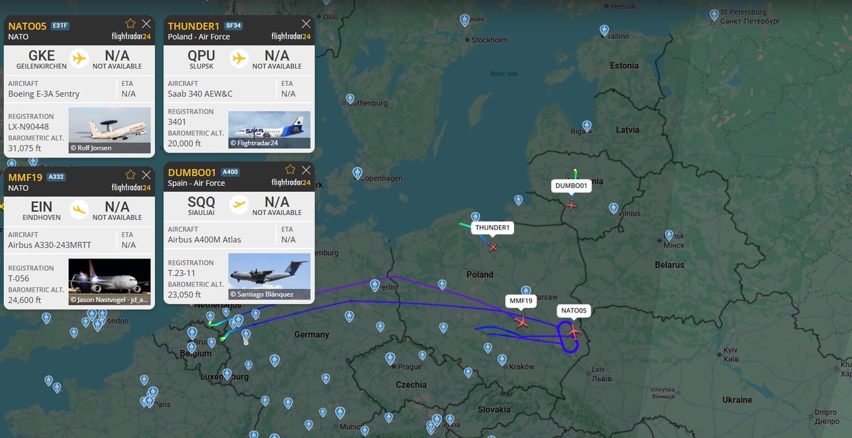 Major air operations by NATO Air Forces are ongoing now over Poland, amidst a large-scale drone and missile attack by Russia against Ukraine. A NATO E-3A “Sentry” Airborne Early Warning and Control (AEW&C) Aircraft and an Airbus A330 Multirole Tanker Transport (MRTT) are currently up and orbiting over Eastern Poland, while a Polish Saab 340 Airborne Early Warning and Control (AEW&C) Aircraft heads east towards the border with Belarus and Ukraine, and a Spanish Airbus A400M Atlas - potential operating as an aerial-refueling tanker - has taken off from Lithuania and is heading south in the direction of Poland
