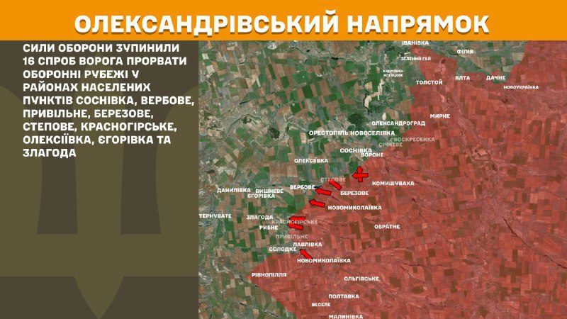 At Oleksandrivka direction clashes yesterday near Sosnivka, Verbove, Pryvilne, Berezove, Stepove, Krasnohirske, Oleksiyivka, Yehorivka and Zlahoda, - General Staff of Armed Forces of Ukraine reports