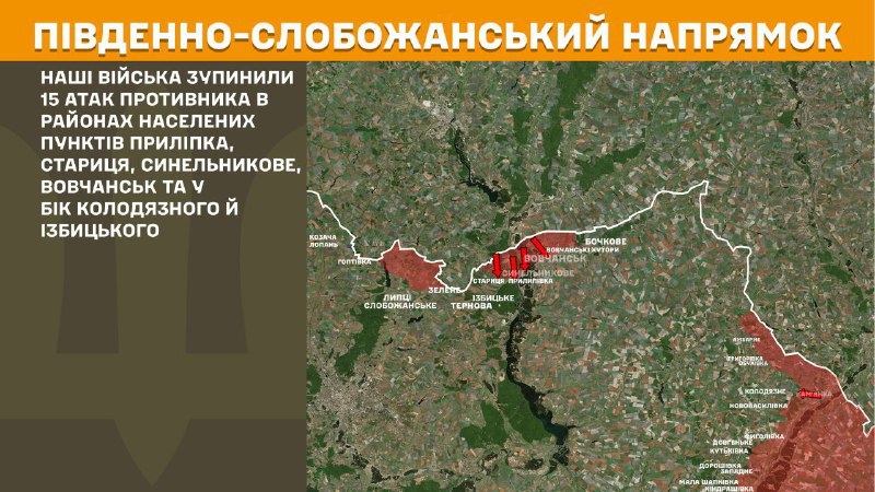 At South Slobozhansky(Kharkiv) direction clashes yesterday near Prylipka, Starytsya, Synelnykove, Vovchansk and towards Kolodyazne and Izbytske, - General Staff of Armed Forces of Ukraine reports