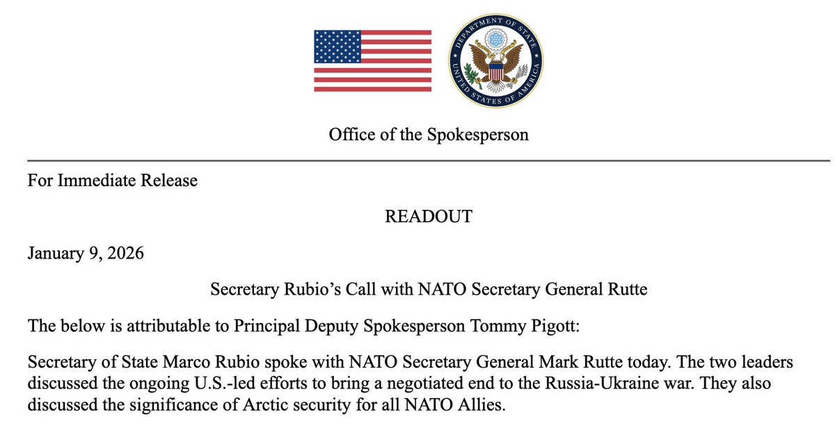 Le secrétaire d'État américain Marco Rubio s'est entretenu aujourd'hui avec le secrétaire général de l'OTAN, Mark Rutte, afin de discuter des efforts en cours pour mettre fin à l'invasion russe de l'Ukraine ainsi que de l'importance de la sécurité arctique pour tous les membres de l'OTAN.