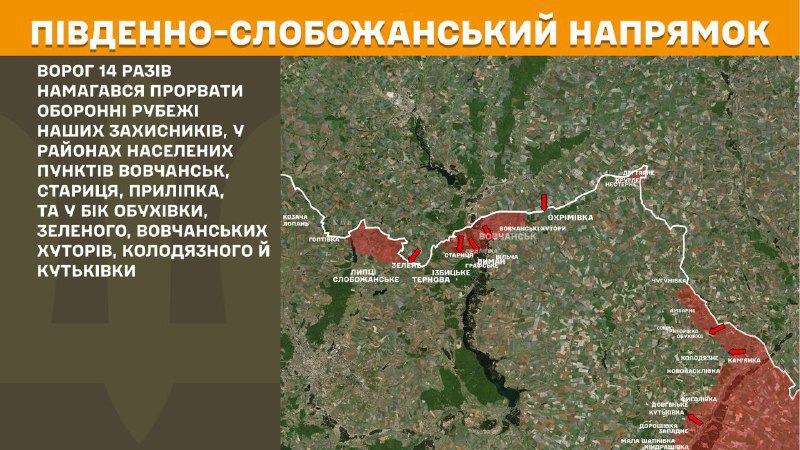 На Південно-Слобожанському (Харків) напрямку вчора відбулися бойові дії поблизу Вовчанська, Стариці, Прилипки та в напрямку Обухівки, Зеленого, Вовчанських Хуторів, Колодязного та Кутківки, - повідомляє Генштаб ЗСУ.
