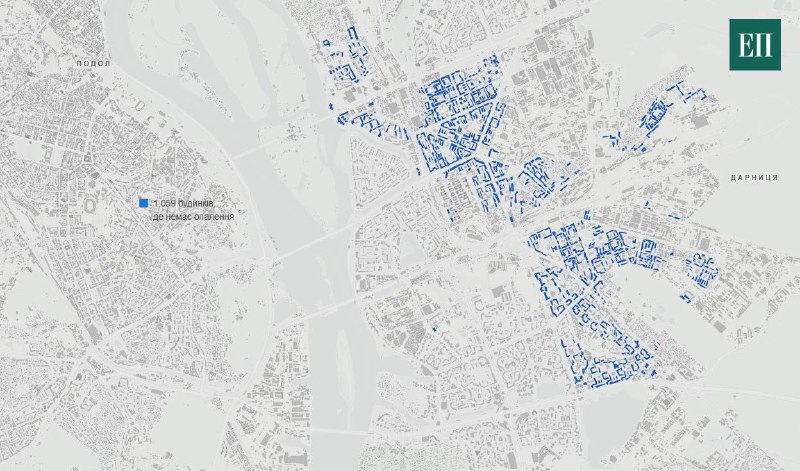 Carte des maisons de Kyiv restées sans chauffage pendant une durée indéterminée.