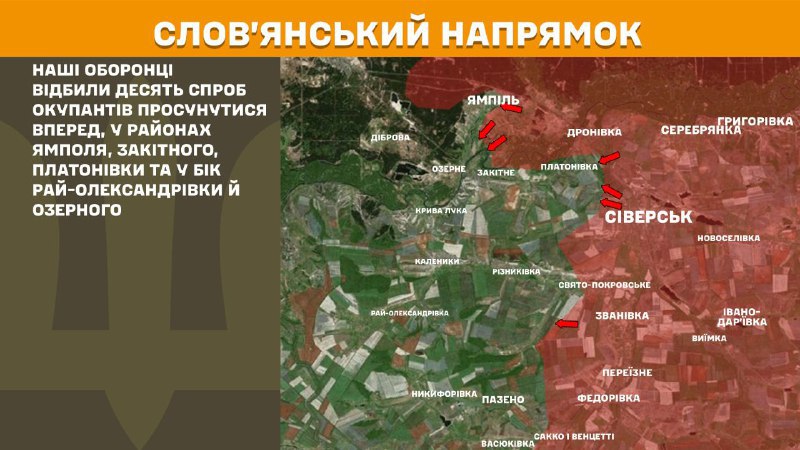 Ukrayna Silahlı Kuvvetleri Genelkurmay Başkanlığı'ndan yapılan açıklamaya göre, dün Sloviansk yönünde Yampil, Zakitne, Platonivka yakınlarında ve Ray-Oleksandrivka ile Ozerne yönünde çatışmalar yaşandı.