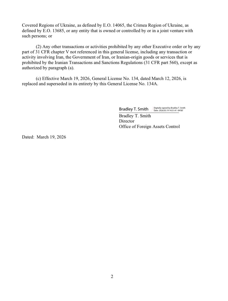 США еще больше ослабляют санкции в отношении российской нефти, разрешая теперь продажу также нефтепродуктов (ранее разрешалась только сырая нефть), загруженных в танкеры до 12 марта. Ослабление санкций действует до 11 апреля.