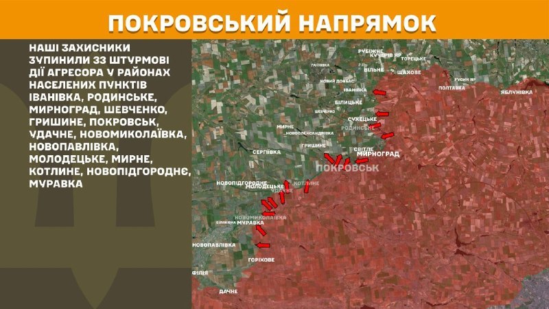At Pokrovsk direction clashes yesterday near Ivanivka, Rodynske, Myrnohrad, Shevchenko, Hryshyne, Pokrovsk, Udachne, Novomykolayivka, Novopavlivka, Molodetske, Myrne, Kotlyne, Novopidhorodnye, Muravka, - General Staff of Armed Forces of Ukraine reports