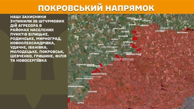 At Pokrovsk direction clashes yesterday near Bilytske, Rodynske, Myrnohrad, Novooleksandrivka, Udachne, Ivanivka, Molodetske, Pokrovsk, Shevchenko, Hryshyne, Filiya and Novoserhiyivka, - General Staff of Armed Forces of Ukraine reports